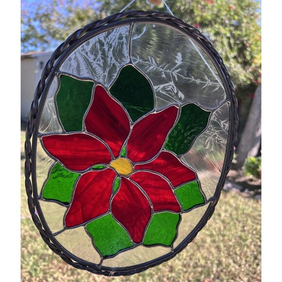 Poinsettia Christmas Floral Painted Suncatcher Oval 2-Loop Hanging Stained Glass - Picture 3 of 6